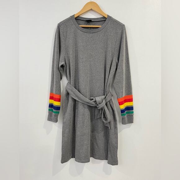 Torrid Gray Cozy Fleece Shift Dress with Rainbow Cuffed Sleeves Tie Waist 1X - Picture 3 of 9